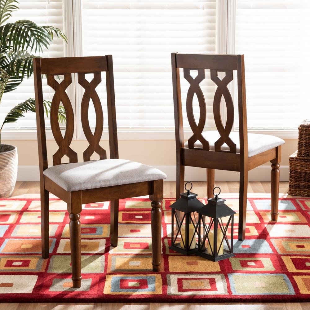 Grey Fabric Upholstered and Walnut Brown Finished Wood 2-Piece Dining Chair Set