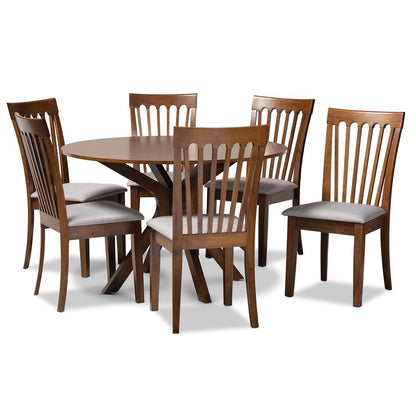 Grey Fabric Upholstered and Walnut Brown Finished Wood 7-Piece Dining Set