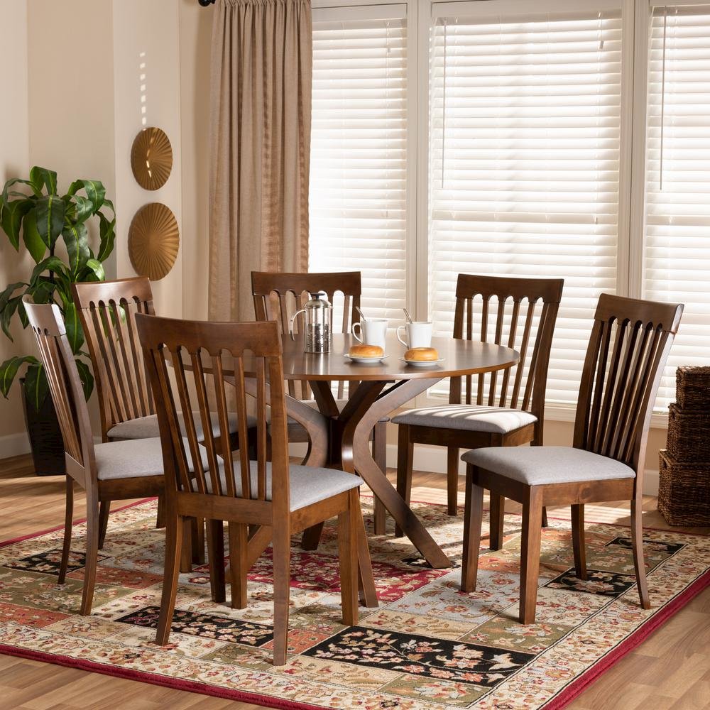 Grey Fabric Upholstered and Walnut Brown Finished Wood 7-Piece Dining Set