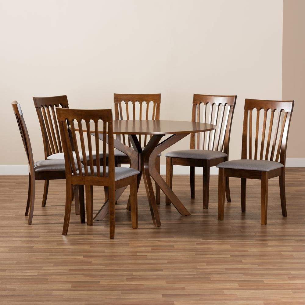 Grey Fabric Upholstered and Walnut Brown Finished Wood 7-Piece Dining Set