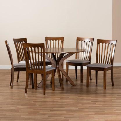 Grey Fabric Upholstered and Walnut Brown Finished Wood 7-Piece Dining Set