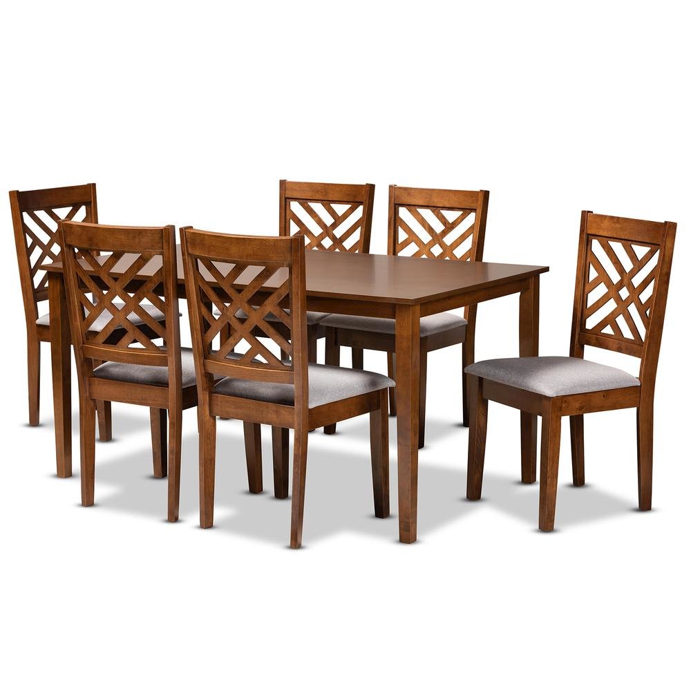 Grey Fabric Upholstered and Walnut Brown Finished Wood 7-Piece Dining Set