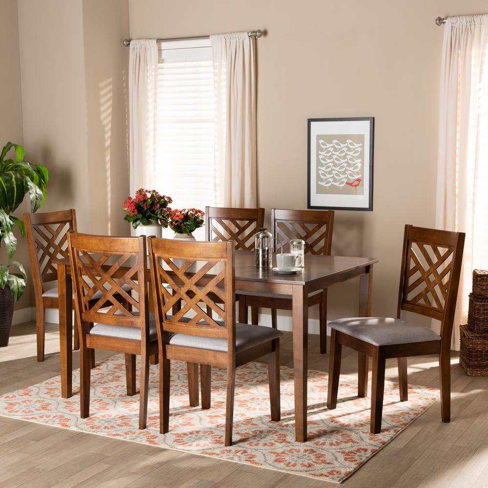 Grey Fabric Upholstered and Walnut Brown Finished Wood 7-Piece Dining Set