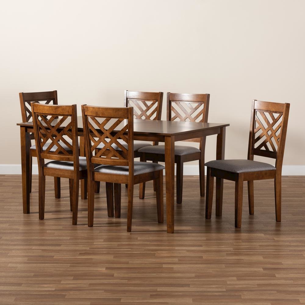 Grey Fabric Upholstered and Walnut Brown Finished Wood 7-Piece Dining Set