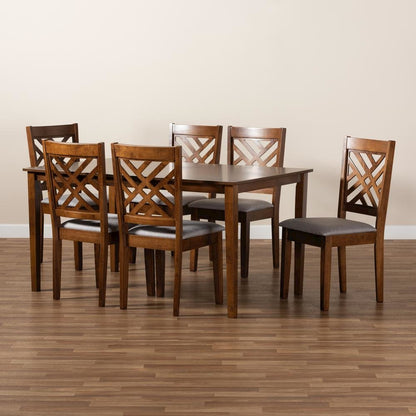 Grey Fabric Upholstered and Walnut Brown Finished Wood 7-Piece Dining Set