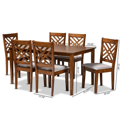 Grey Fabric Upholstered and Walnut Brown Finished Wood 7-Piece Dining Set