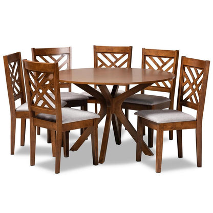 Grey Fabric Upholstered and Walnut Brown Finished Wood 7-Piece Dining Set
