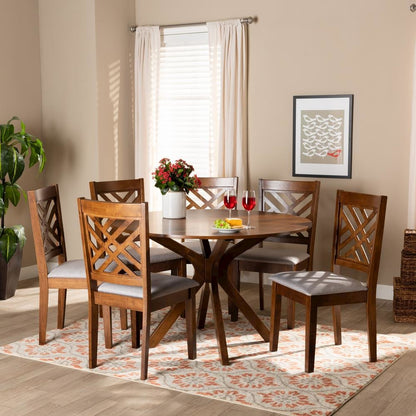 Grey Fabric Upholstered and Walnut Brown Finished Wood 7-Piece Dining Set