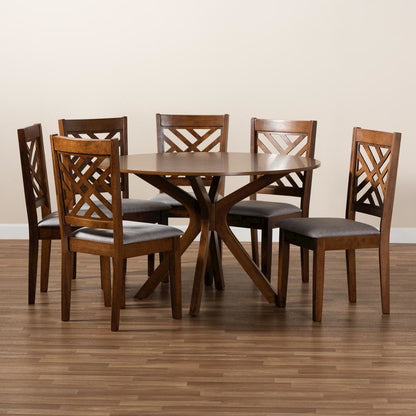 Grey Fabric Upholstered and Walnut Brown Finished Wood 7-Piece Dining Set