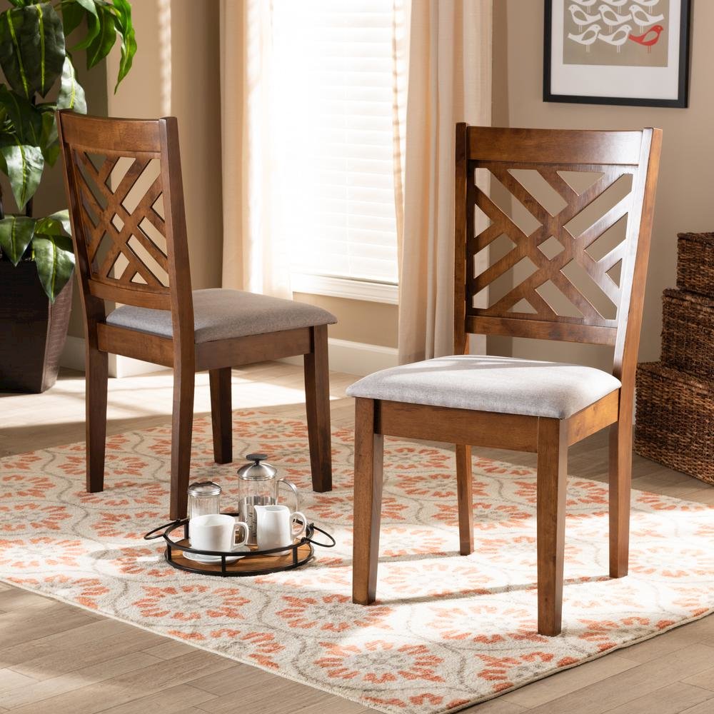 Grey Fabric Upholstered and Walnut Brown Finished Wood 2-Piece Dining Chair Set