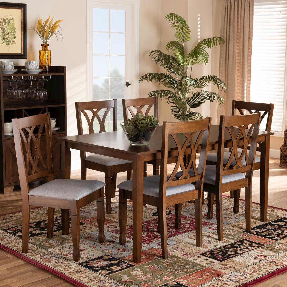Grey Fabric Upholstered and Walnut Brown Finished Wood 7-Piece Dining Set