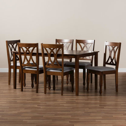 Grey Fabric Upholstered and Walnut Brown Finished Wood 7-Piece Dining Set