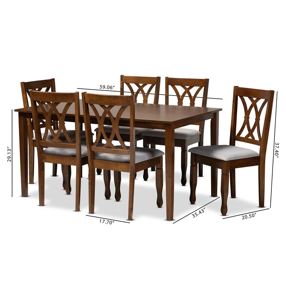 Grey Fabric Upholstered and Walnut Brown Finished Wood 7-Piece Dining Set