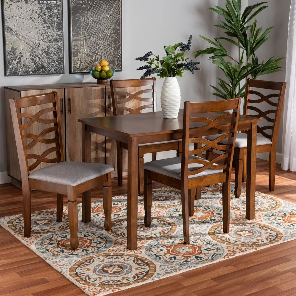 Grey Fabric Upholstered and Walnut Brown Finished Wood 5-Piece Dining Set