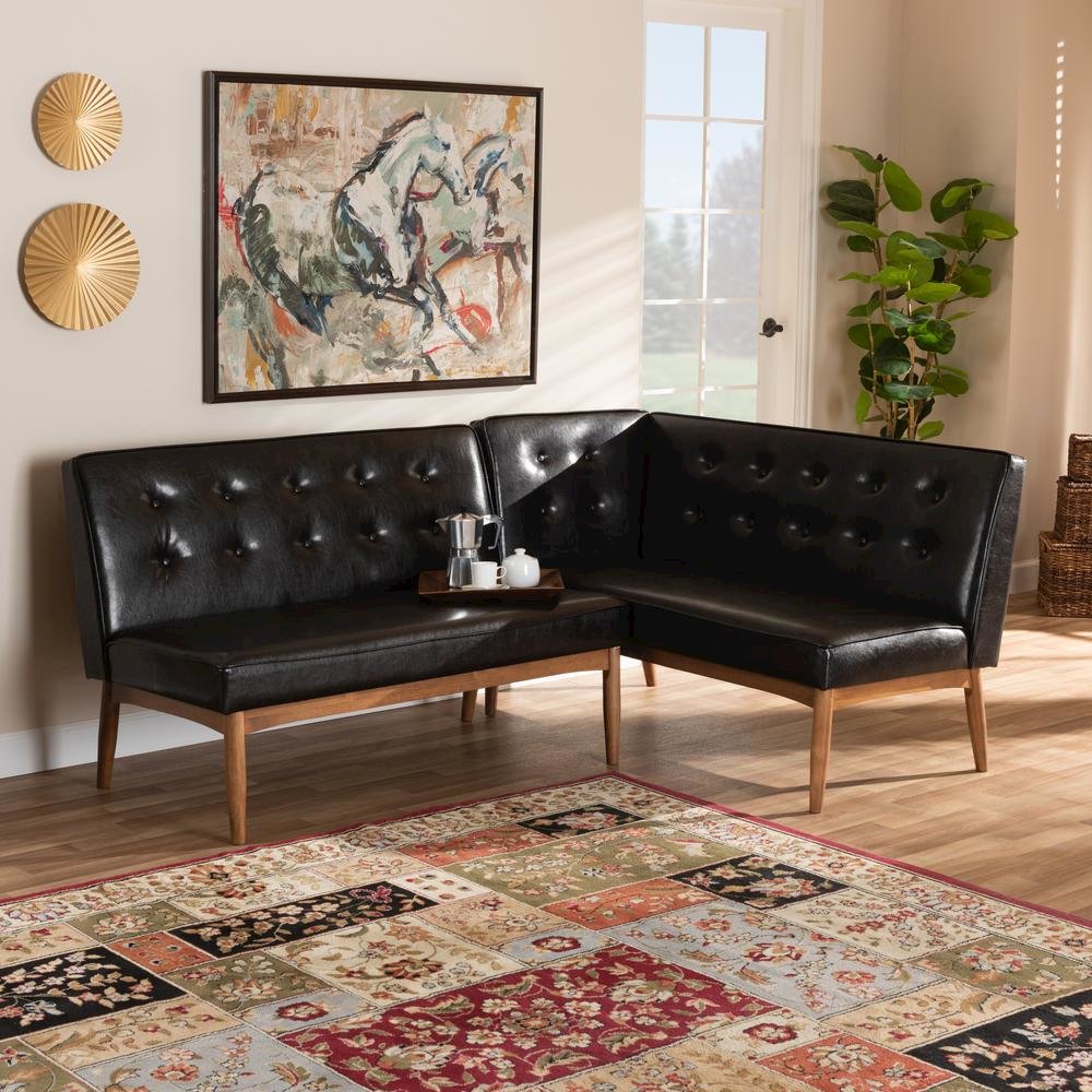 Leather Upholstered 2-Piece Wood Dining Nook Banquette Set