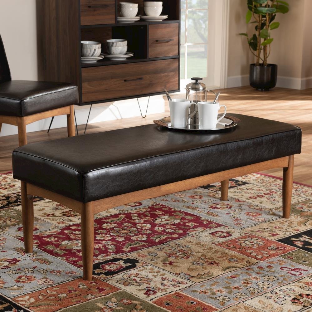 Arvid Mid-Century Modern Dark Brown Faux Leather Upholstered Wood Dining Bench