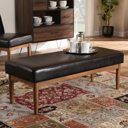 Arvid Mid-Century Modern Dark Brown Faux Leather Upholstered Wood Dining Bench