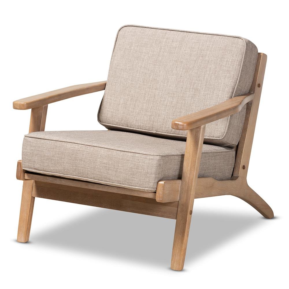 Light Grey Fabric Upholstered Antique Oak Finished Wood Armchair