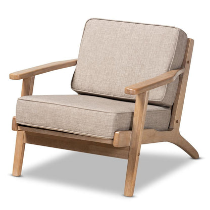 Light Grey Fabric Upholstered Antique Oak Finished Wood Armchair