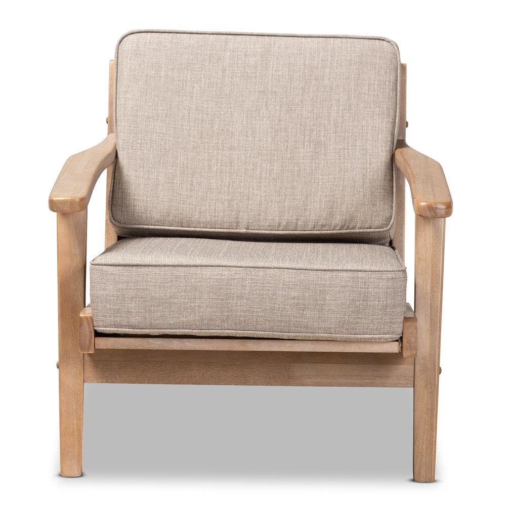Light Grey Fabric Upholstered Antique Oak Finished Wood Armchair