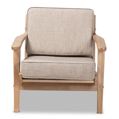 Light Grey Fabric Upholstered Antique Oak Finished Wood Armchair