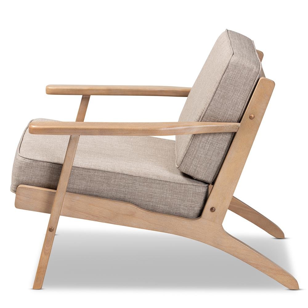 Light Grey Fabric Upholstered Antique Oak Finished Wood Armchair