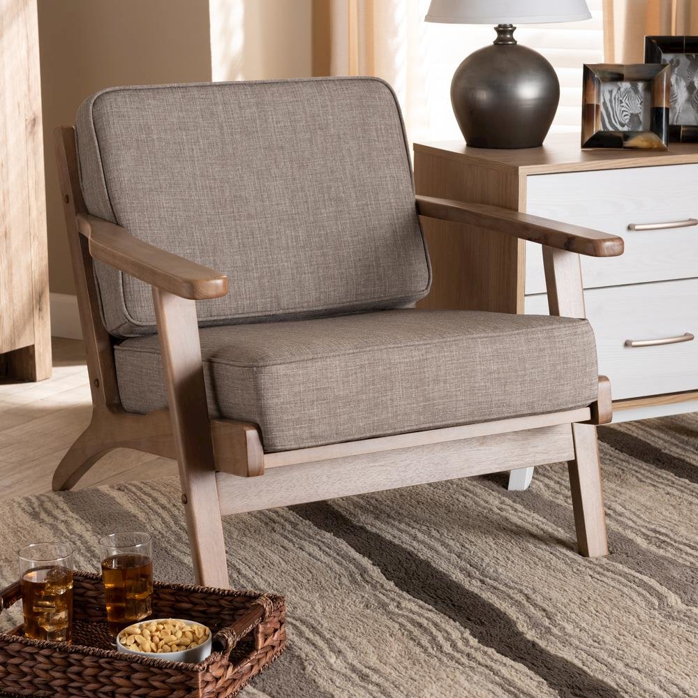Light Grey Fabric Upholstered Antique Oak Finished Wood Armchair