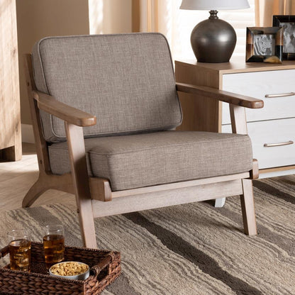 Light Grey Fabric Upholstered Antique Oak Finished Wood Armchair