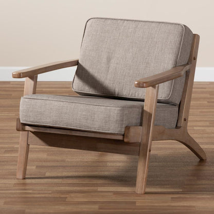 Light Grey Fabric Upholstered Antique Oak Finished Wood Armchair