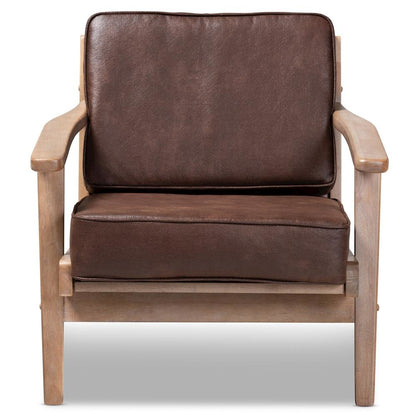 Leather Effect Fabric Upholstered Antique Oak Finished Wood Armchair