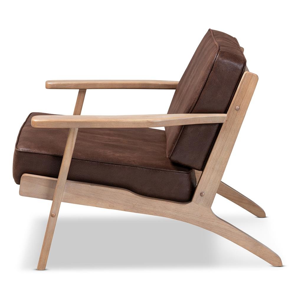 Leather Effect Fabric Upholstered Antique Oak Finished Wood Armchair