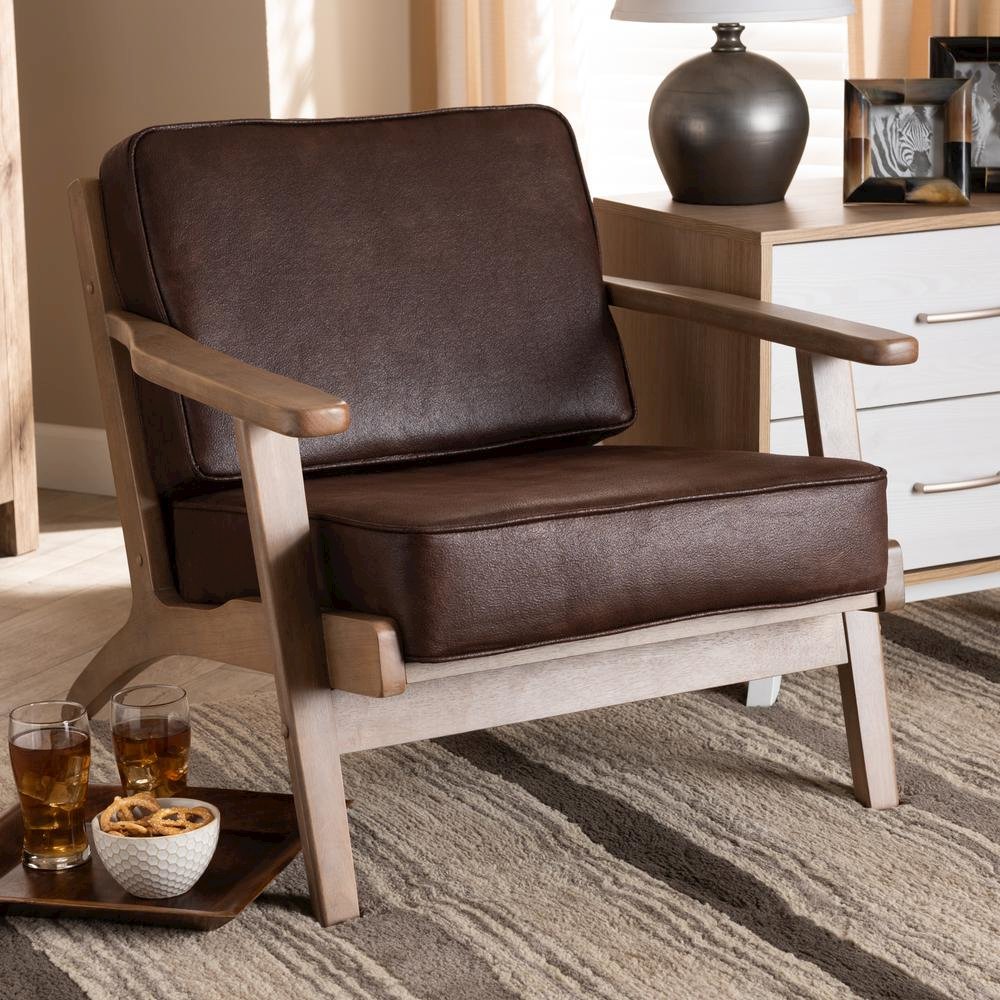 Leather Effect Fabric Upholstered Antique Oak Finished Wood Armchair