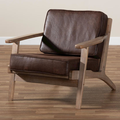Leather Effect Fabric Upholstered Antique Oak Finished Wood Armchair