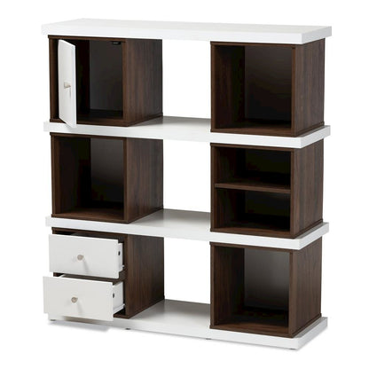 Two-Tone White and Walnut Brown Finished 2-Drawer Bookcase