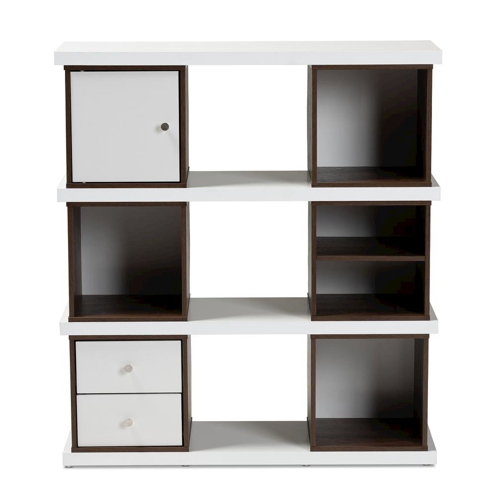 Two-Tone White and Walnut Brown Finished 2-Drawer Bookcase