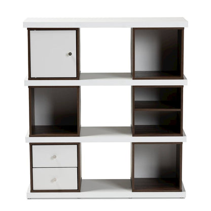 Two-Tone White and Walnut Brown Finished 2-Drawer Bookcase