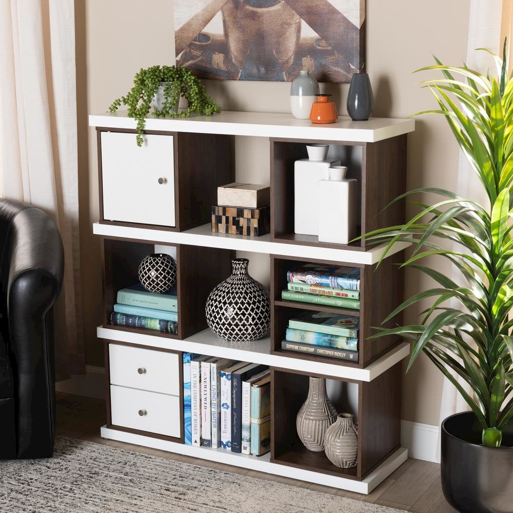 Two-Tone White and Walnut Brown Finished 2-Drawer Bookcase