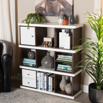 Two-Tone White and Walnut Brown Finished 2-Drawer Bookcase
