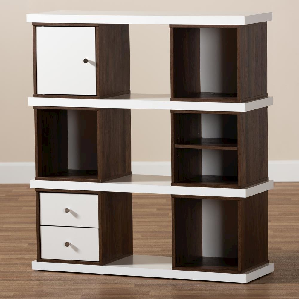 Two-Tone White and Walnut Brown Finished 2-Drawer Bookcase