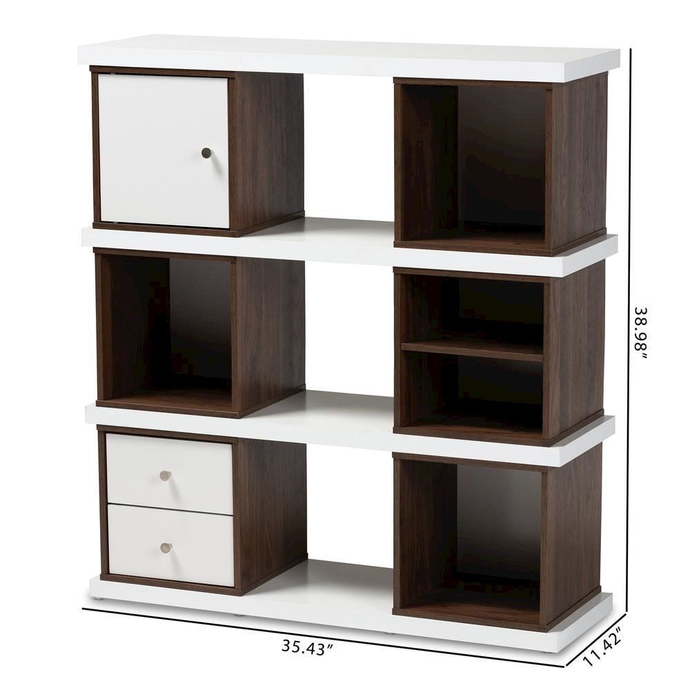 Two-Tone White and Walnut Brown Finished 2-Drawer Bookcase