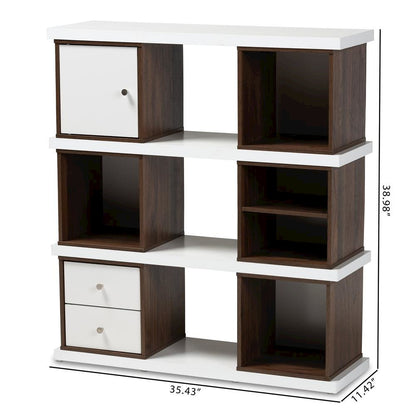 Two-Tone White and Walnut Brown Finished 2-Drawer Bookcase