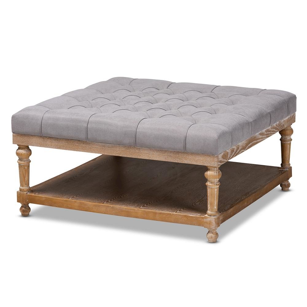 and Rustic Grey Linen Fabric Upholstered and Greywashed Wood Cocktail Ottoman
