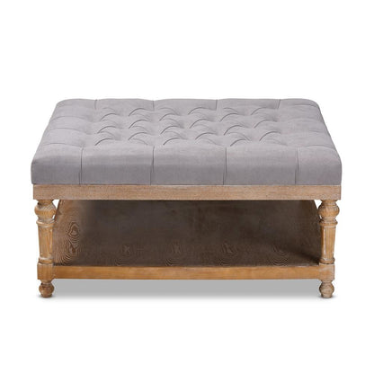 and Rustic Grey Linen Fabric Upholstered and Greywashed Wood Cocktail Ottoman
