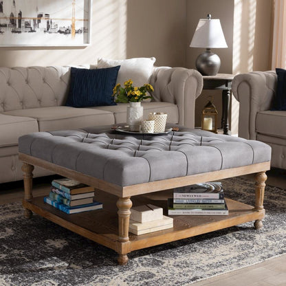 and Rustic Grey Linen Fabric Upholstered and Greywashed Wood Cocktail Ottoman