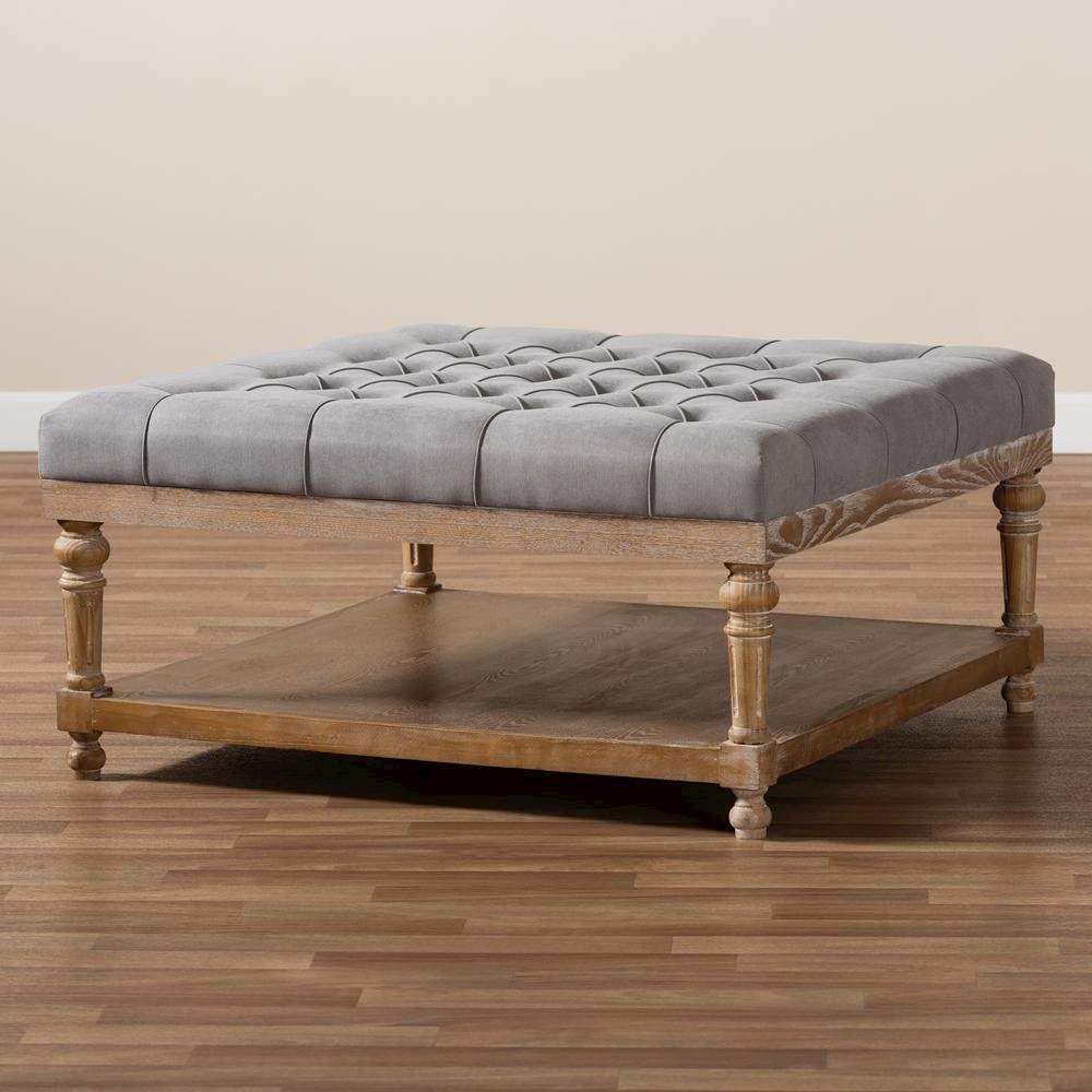 and Rustic Grey Linen Fabric Upholstered and Greywashed Wood Cocktail Ottoman