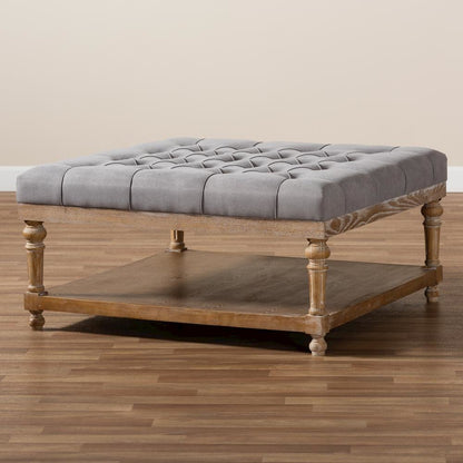 and Rustic Grey Linen Fabric Upholstered and Greywashed Wood Cocktail Ottoman