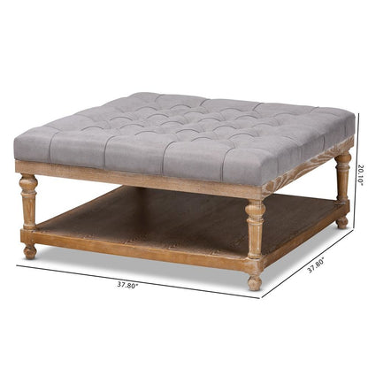 and Rustic Grey Linen Fabric Upholstered and Greywashed Wood Cocktail Ottoman