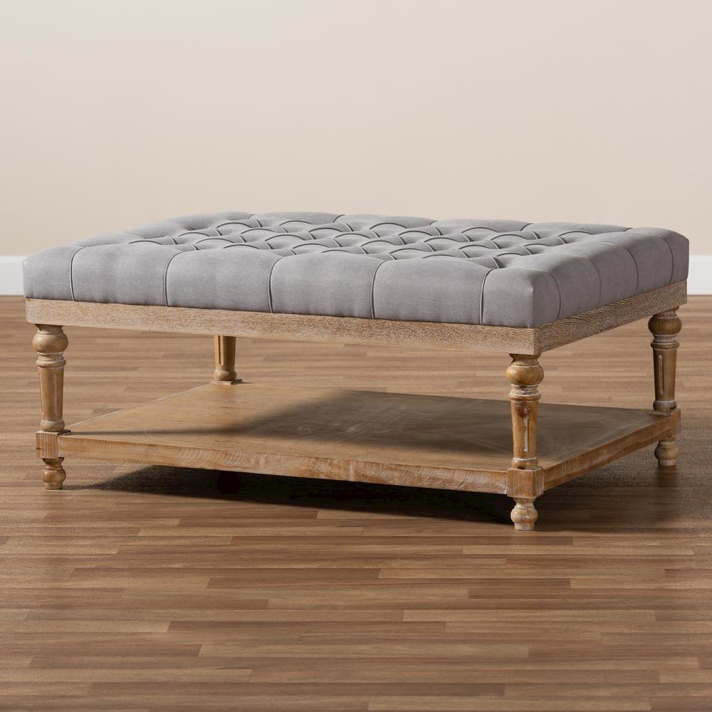 and Rustic Grey Linen Fabric Upholstered and Greywashed Wood Cocktail Ottoman
