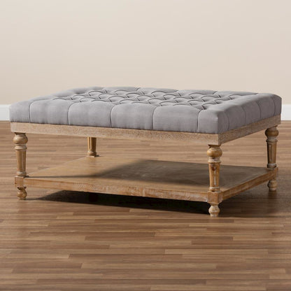 and Rustic Grey Linen Fabric Upholstered and Greywashed Wood Cocktail Ottoman