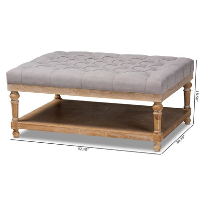 and Rustic Grey Linen Fabric Upholstered and Greywashed Wood Cocktail Ottoman